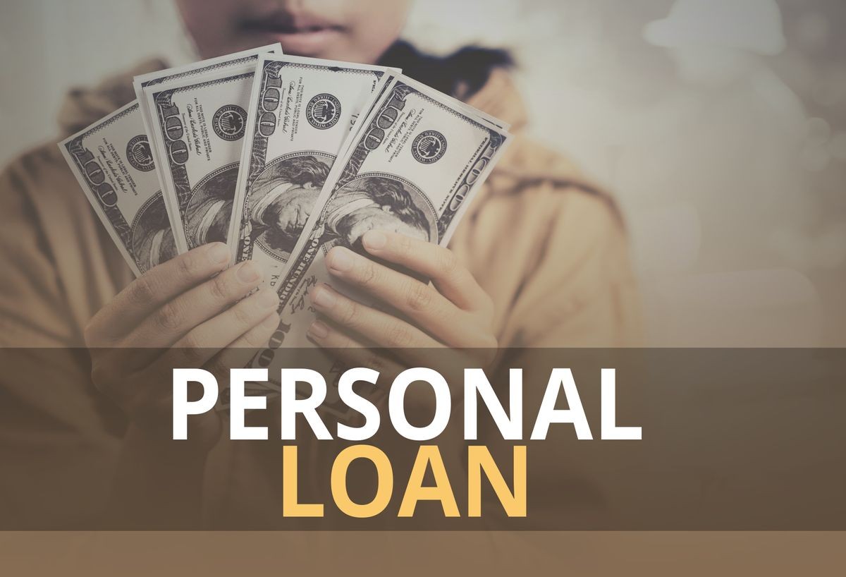 Personal Loan word over young girl holding dollar bills.